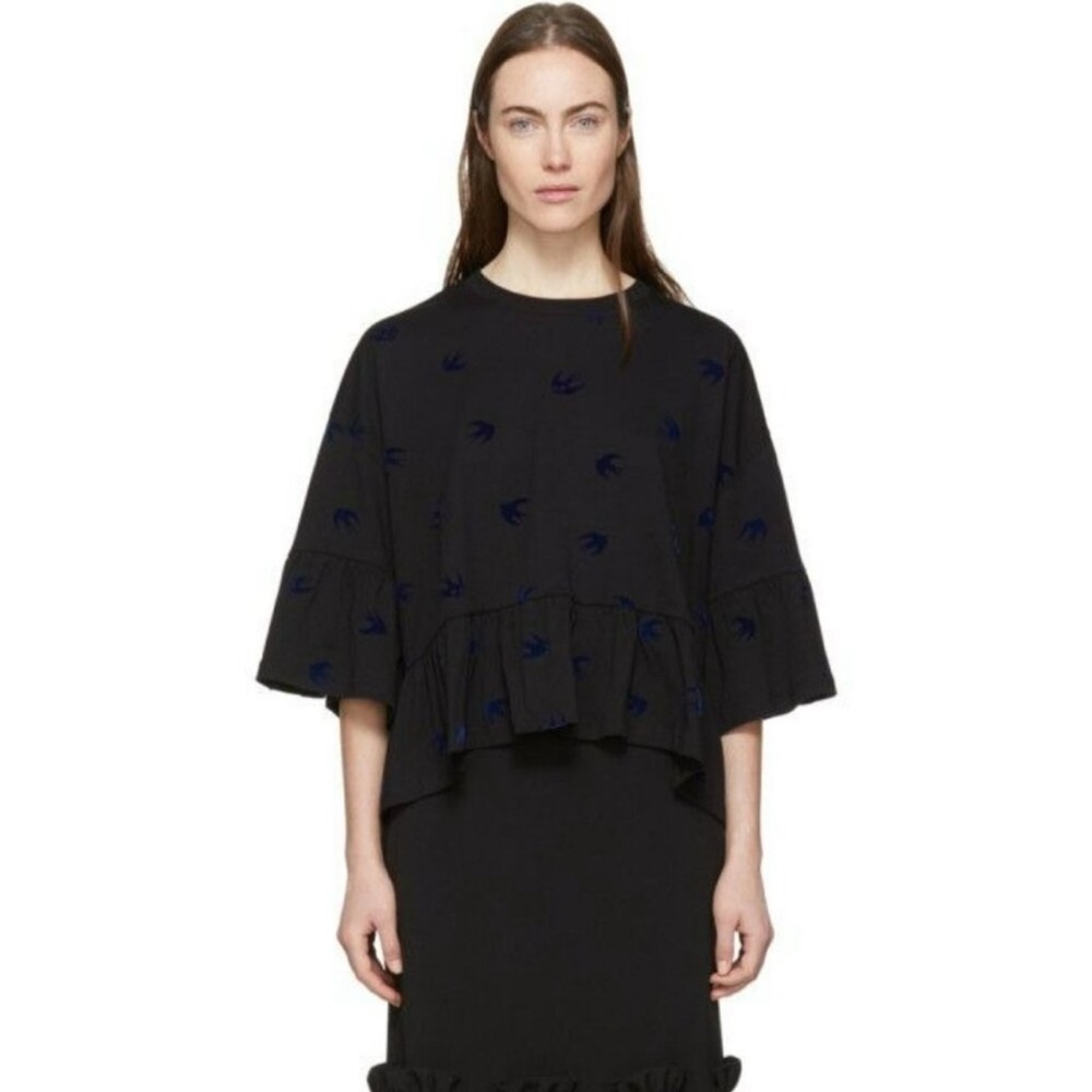 Alexander McQueen McQ Black Blue Velvet Swallow Flock Ruffled T Shirt - Picture 4 of 10